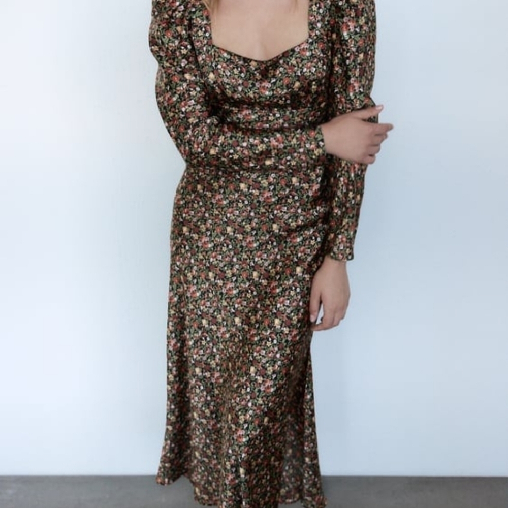 NWT ZARA floral Print Midi Dress puff sleeve bustier with slit S